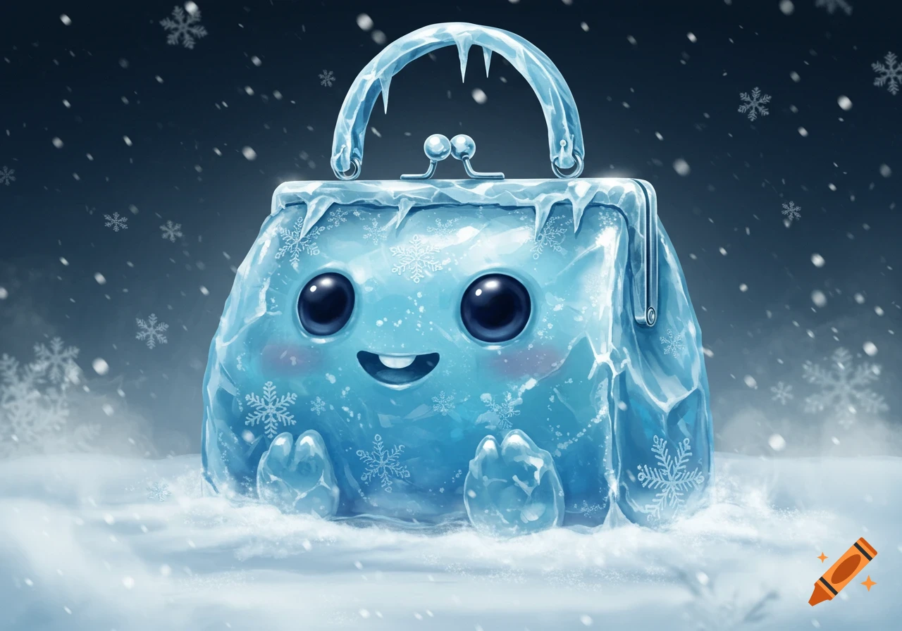 A cute, smiling ice purse with large black eyes and rosy cheeks sits in a snowy landscape with falling snowflakes.