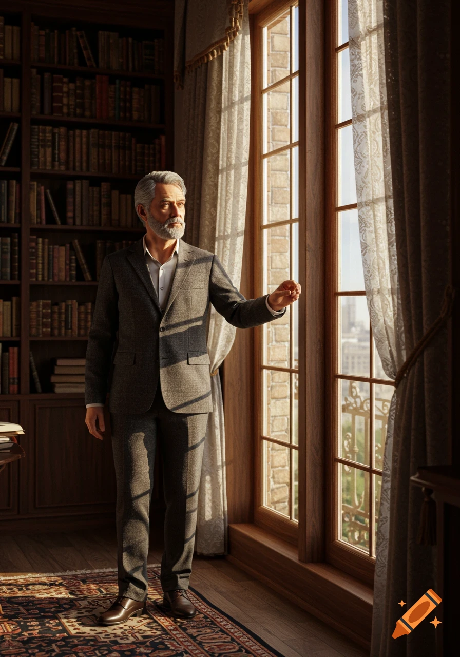 A photorealistic image of a man in a suit standing in a sunlit room with bookshelves, looking out a large window.