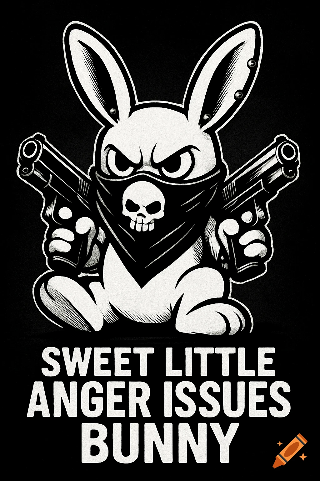 A black and white cartoon bunny wearing a skull bandana, holding two pistols, with text 'Sweet little anger issues bunny'.
