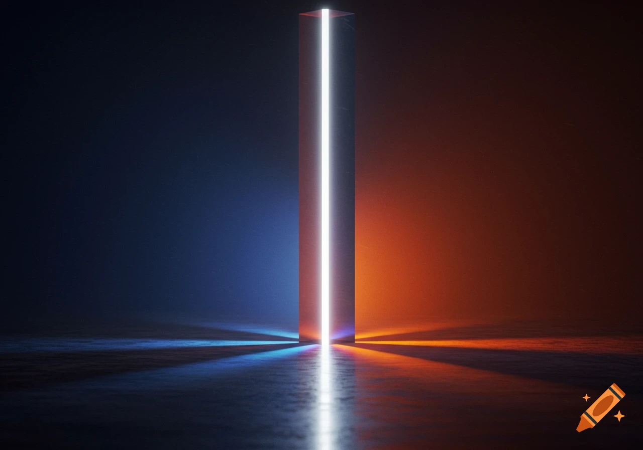 A tall, glowing white column reflects light on a dark, wet surface, casting blue light on the left and orange light on the right.