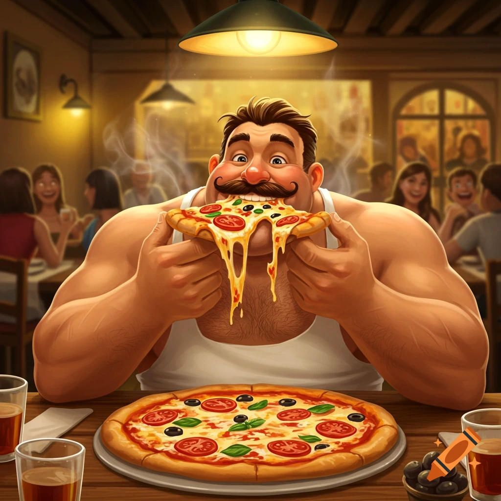A muscular, moustached man enthusiastically eats a cheesy pizza slice in a cartoon restaurant setting, with another pizza on the table.