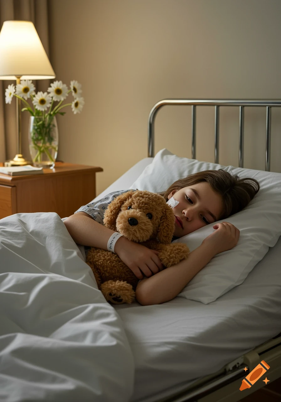 A young girl sleeps in a hospital bed, hugging a brown plush dog, with a vase of daisies on a bedside table in this photorealistic image.
