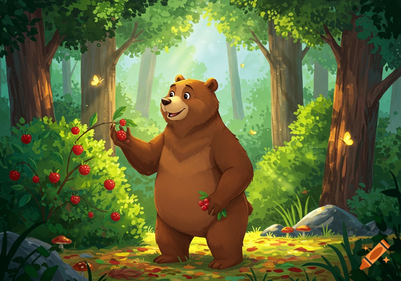 A cheerful brown cartoon bear smiles while picking red berries from a bush in a sunny green forest.