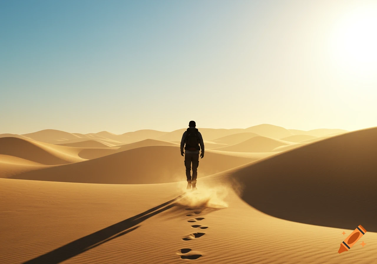 A person with a backpack walks across sunlit sand dunes, leaving footprints and kicking up dust, in a photorealistic style.