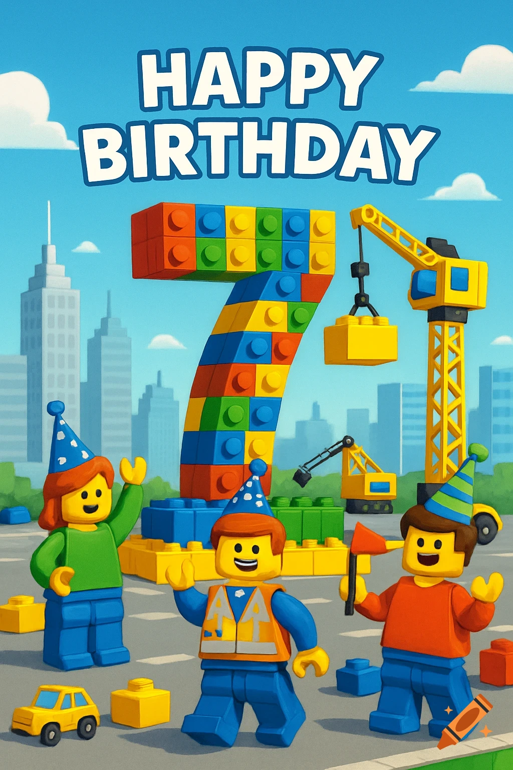 Three Lego minifigures celebrate a 7th birthday with a giant Lego number seven, crane, and city background in a cheerful cartoon style.