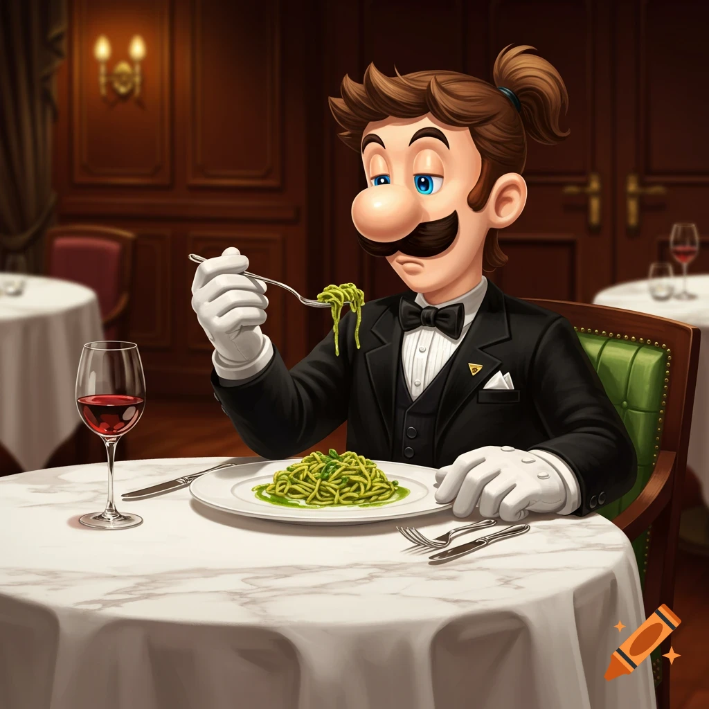 Luigi, dressed in a black tuxedo with a ponytail, eats green pesto pasta with a fork at an elegant restaurant table with a glass of red wine.