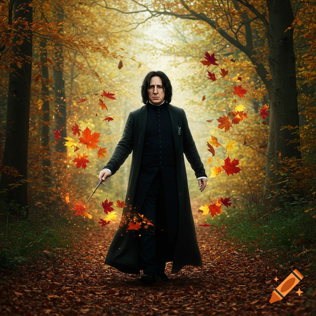 Realistic-looking Severus Snape walks through an autumn forest, conjuring colorful fall leaves with his wand.