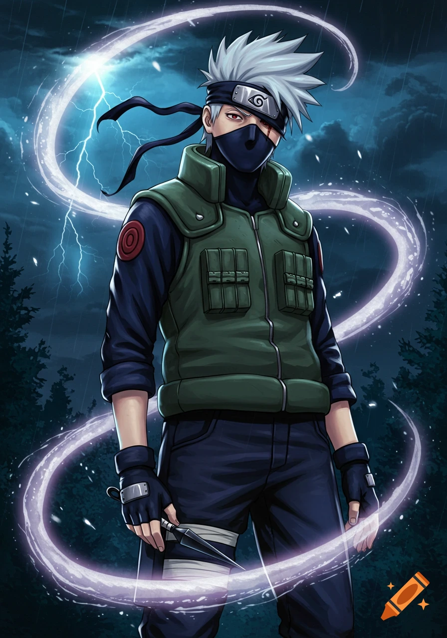 Kakashi Hatake from Naruto stands in the rain with lightning, holding a kunai, surrounded by glowing energy in anime style.