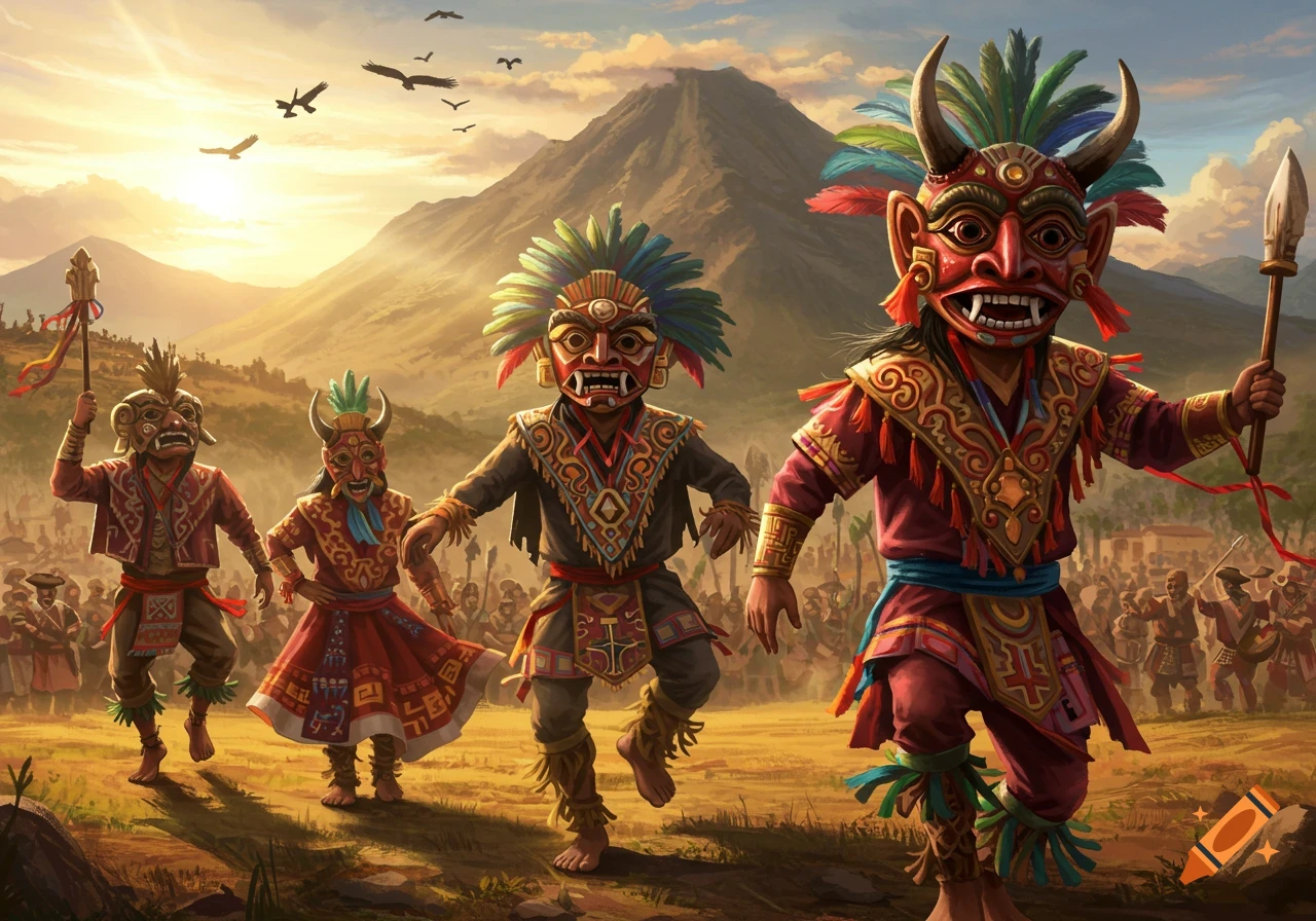 People in vibrant, ornate traditional masks and costumes dance in a mountainous landscape at sunset, in a detailed, painterly style.
