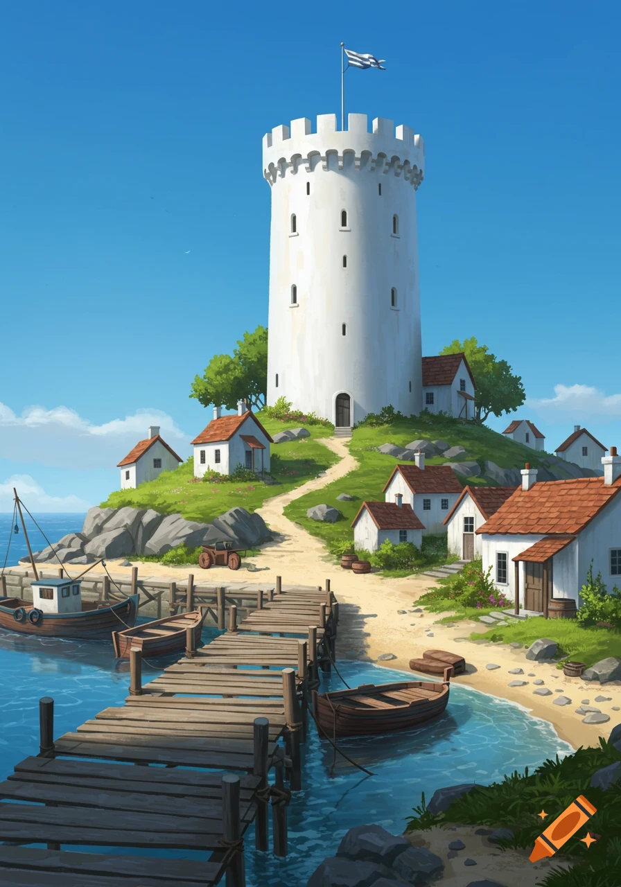 A white defense tower stands on a grassy hill above a wooden pier with boats in a small coastal village under a blue sky.