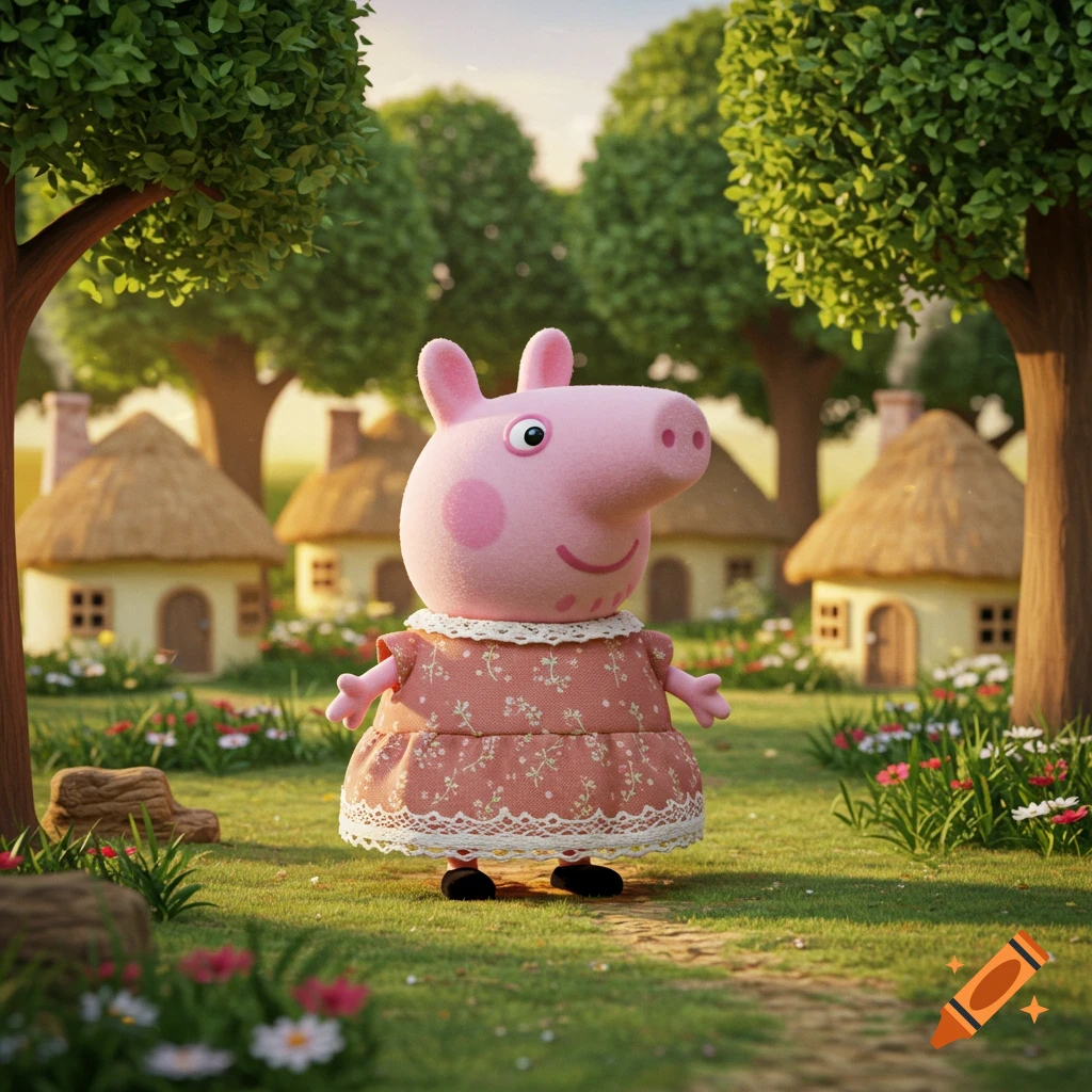 A 3D rendered Peppa Pig doll wearing a pink floral dress in a whimsical, grassy village with trees and thatched-roof cottages.