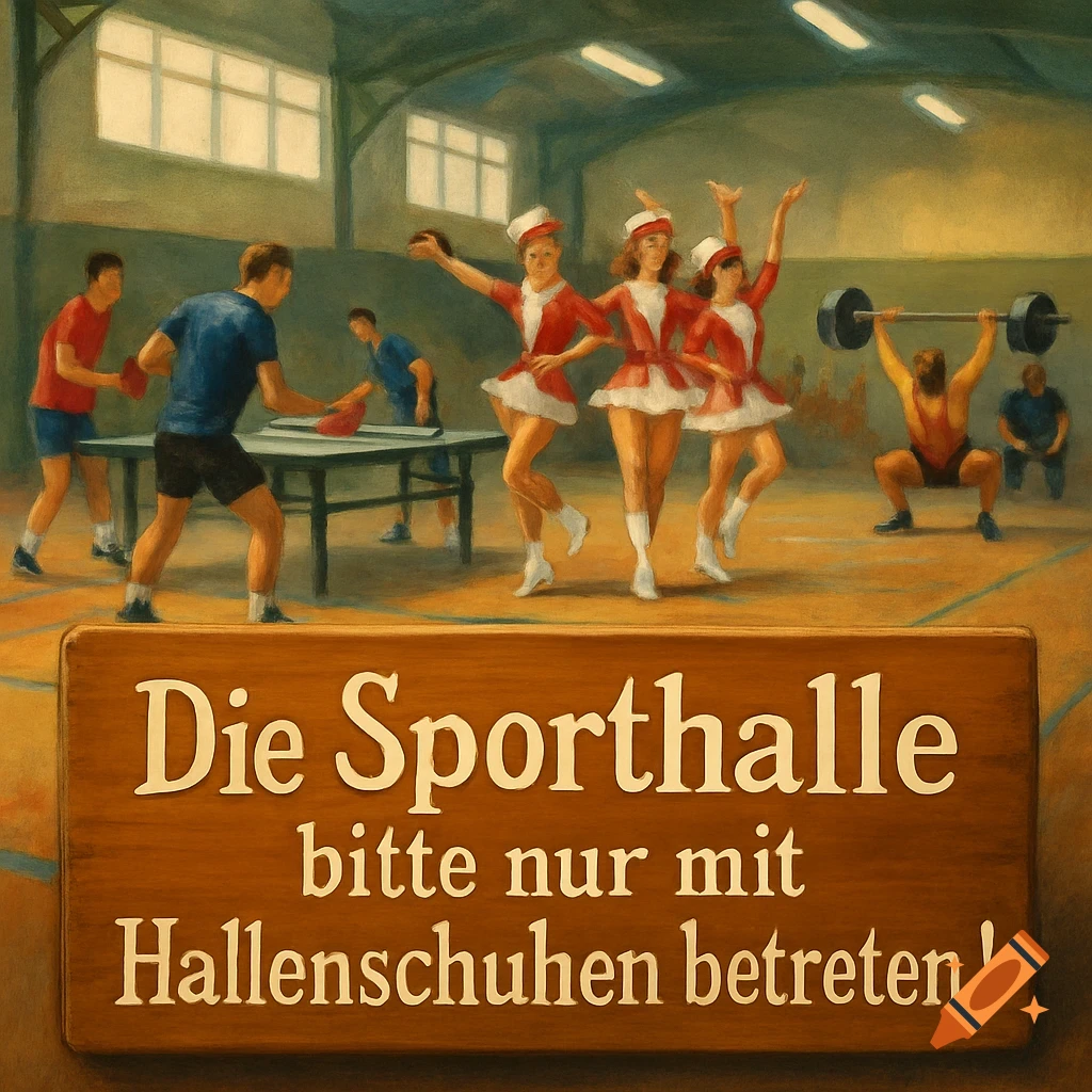 Painted scene of a busy sports hall with people playing table tennis, guard dancers, a weightlifter, and a German sign.