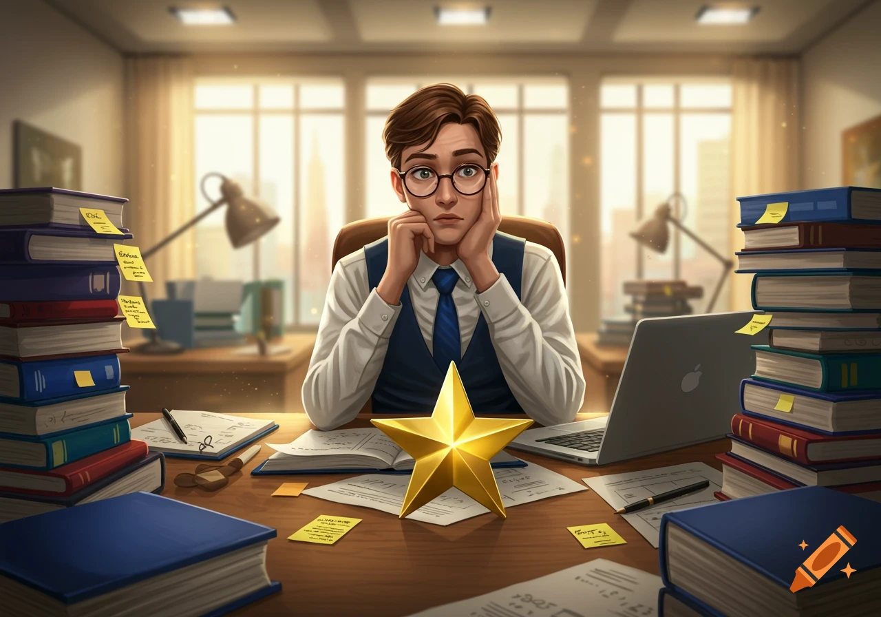 An illustrated thoughtful male research assistant in glasses sits at a desk with stacks of books, papers, and a gold star.