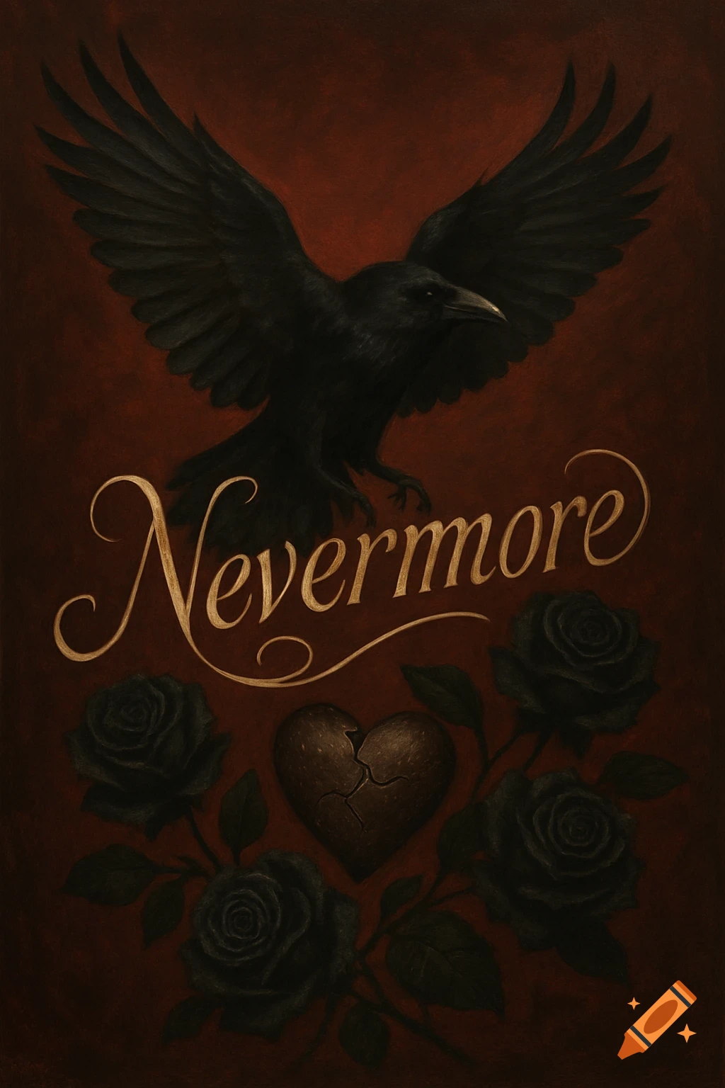 Digital art of a black raven with spread wings over 'Nevermore' in elegant script, with black roses and a broken heart on a dark red background.