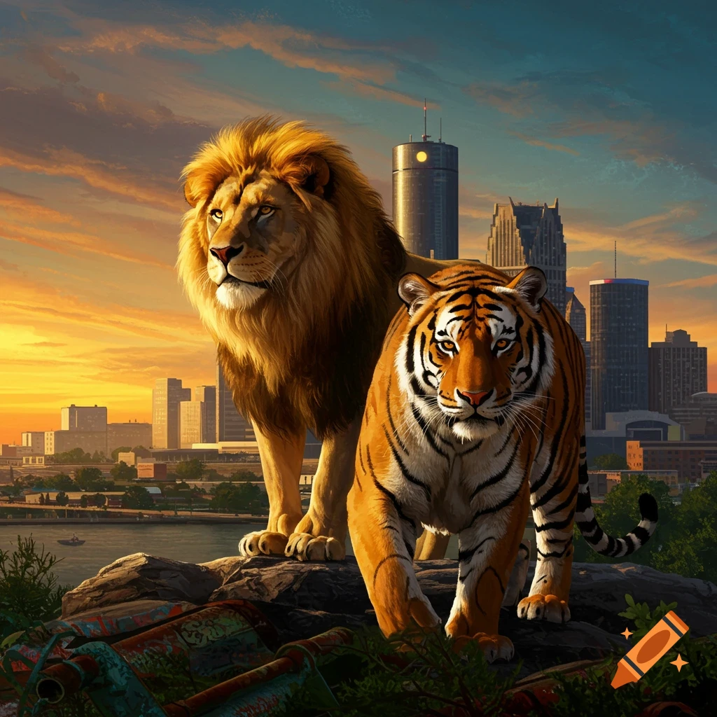 A majestic lion and tiger stand on rocks overlooking a city skyline at sunset, rendered in a photorealistic style.