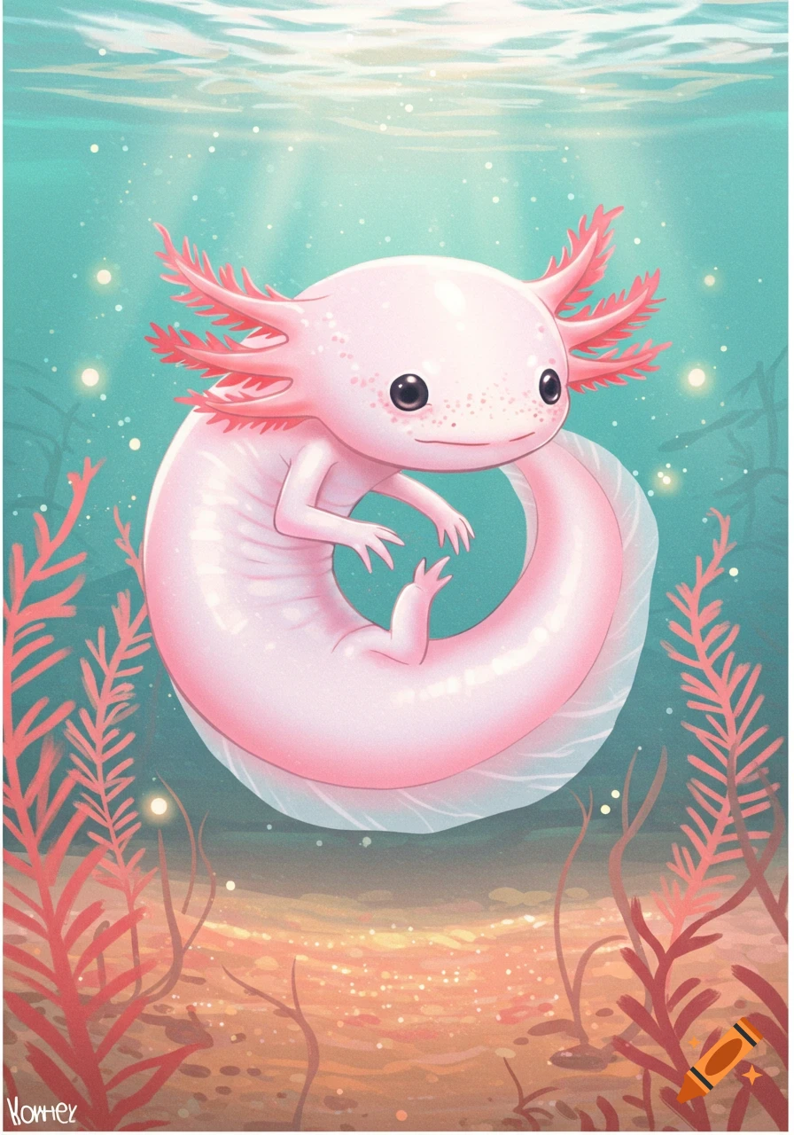 A cute pink axolotl is curled in a circle at the bottom of a teal-blue water body, surrounded by red aquatic plants and glowing particles. Illustration.