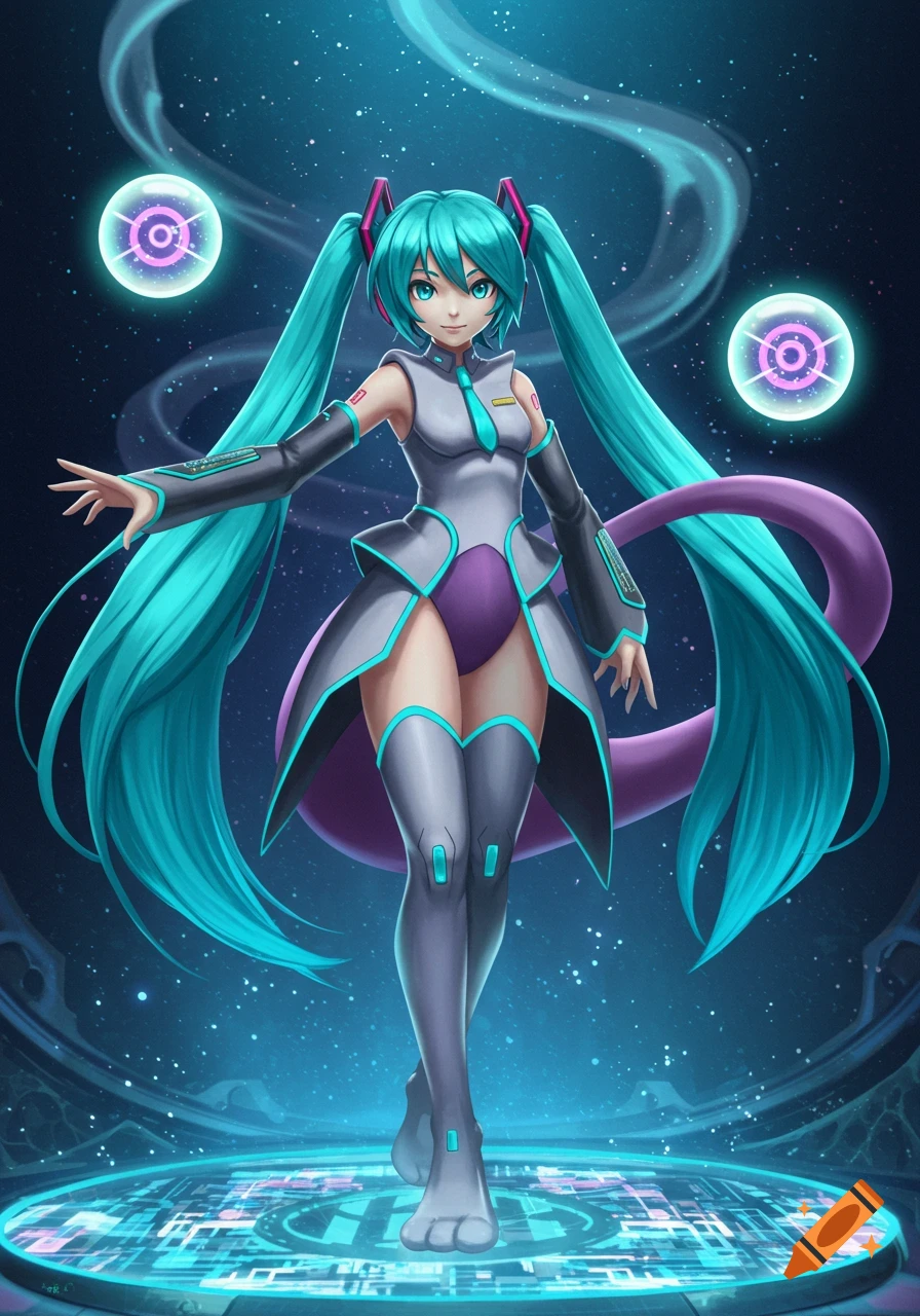 Hatsune Miku in a grey and purple Mewtwo-inspired costume stands on a glowing digital platform against a starry sci-fi background.