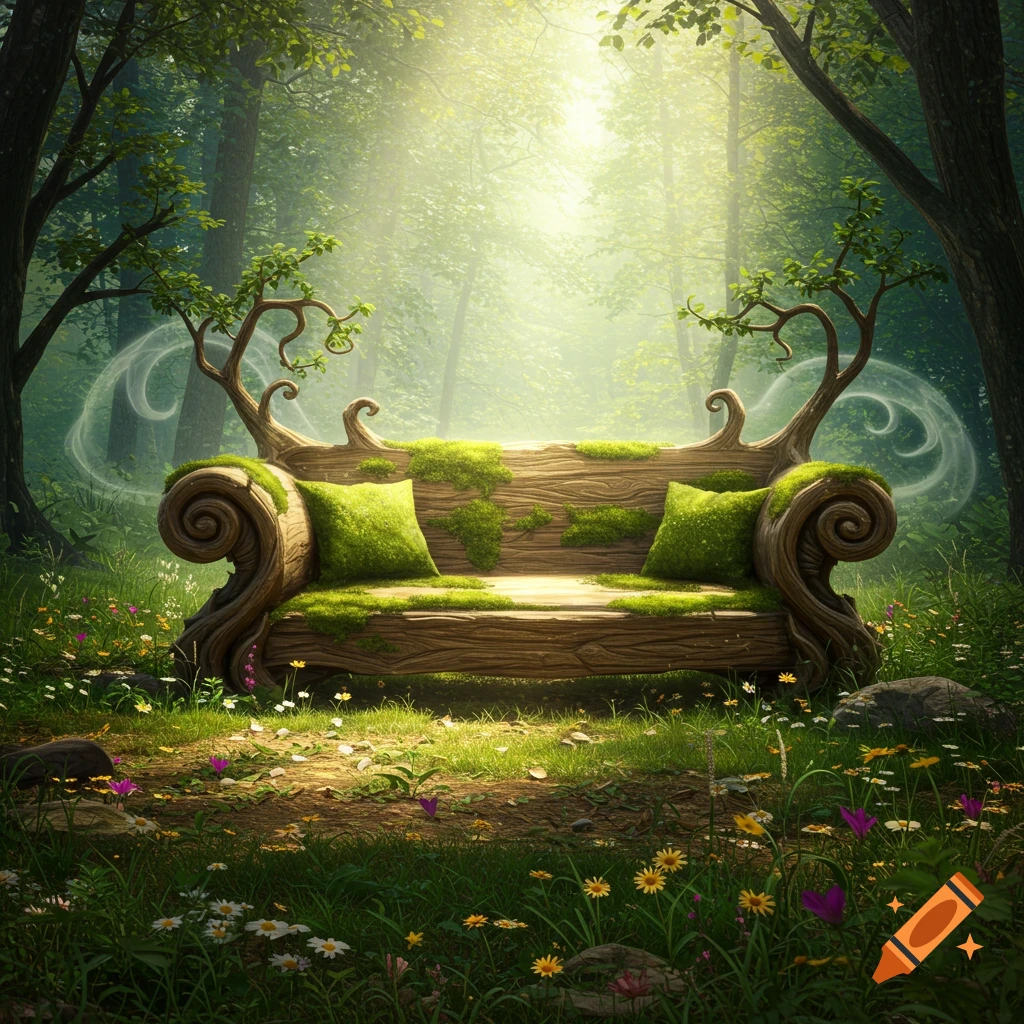 A moss-covered log couch sits in a sunlit, magical fantasy forest clearing, surrounded by wildflowers.