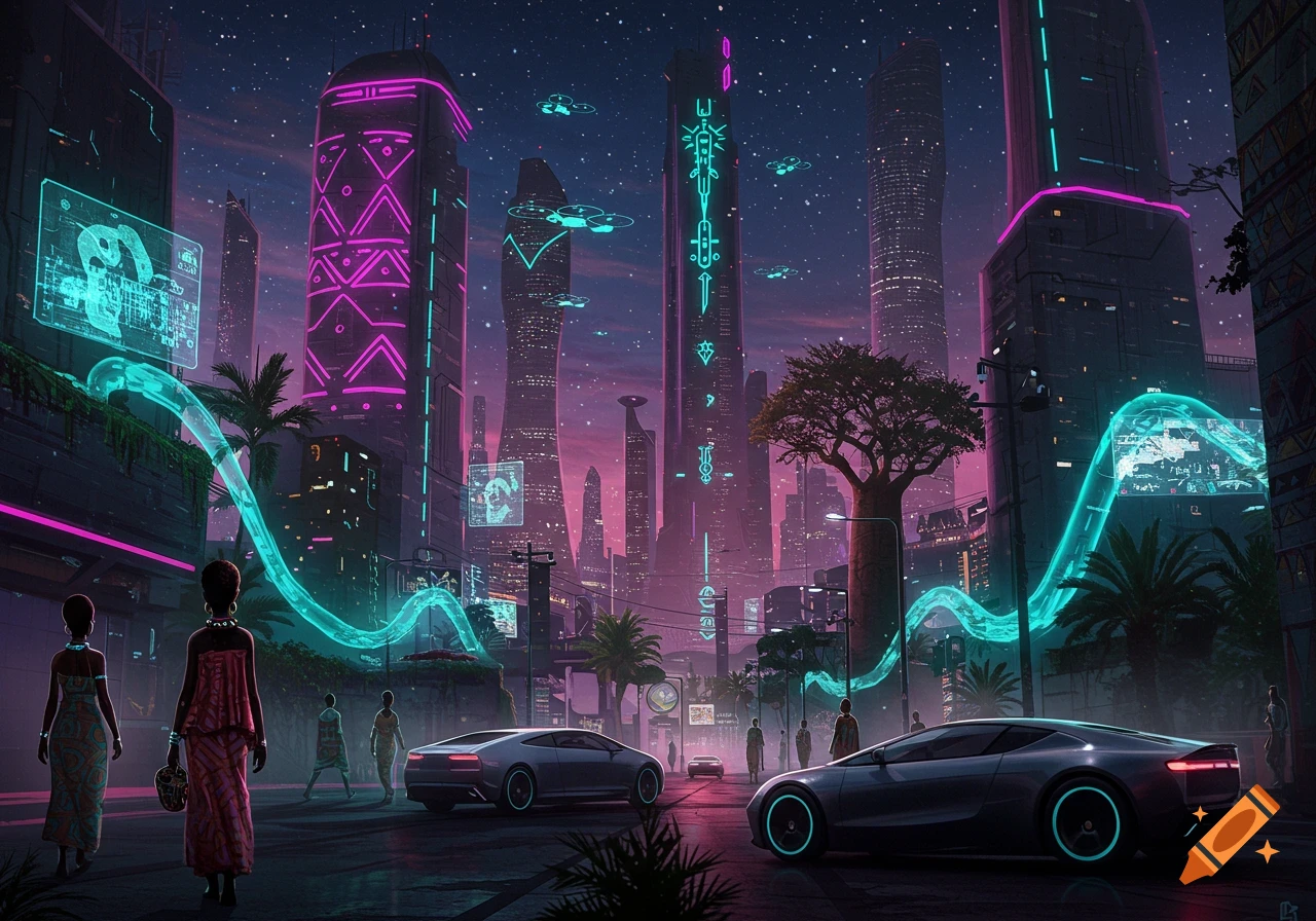 An afro-futuristic cityscape at twilight with glowing neon buildings, flying drones, and two women in traditional dress walking on a street with futuristic cars.