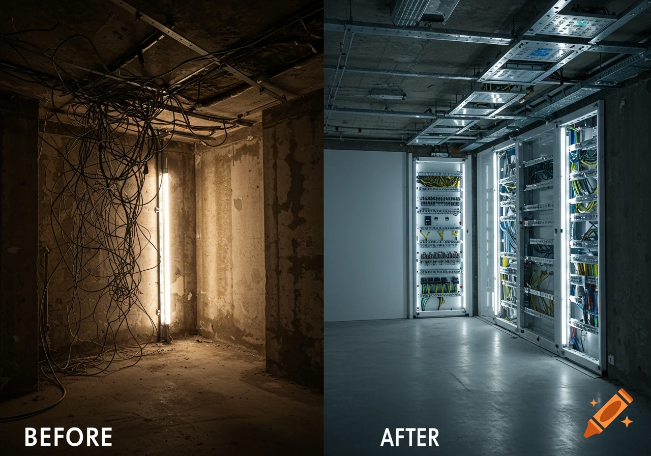A side-by-side comparison shows a messy room with tangled electrical wires labeled "BEFORE" next to a clean room with organized electrical cabinets and bright lighting labeled "AFTER".