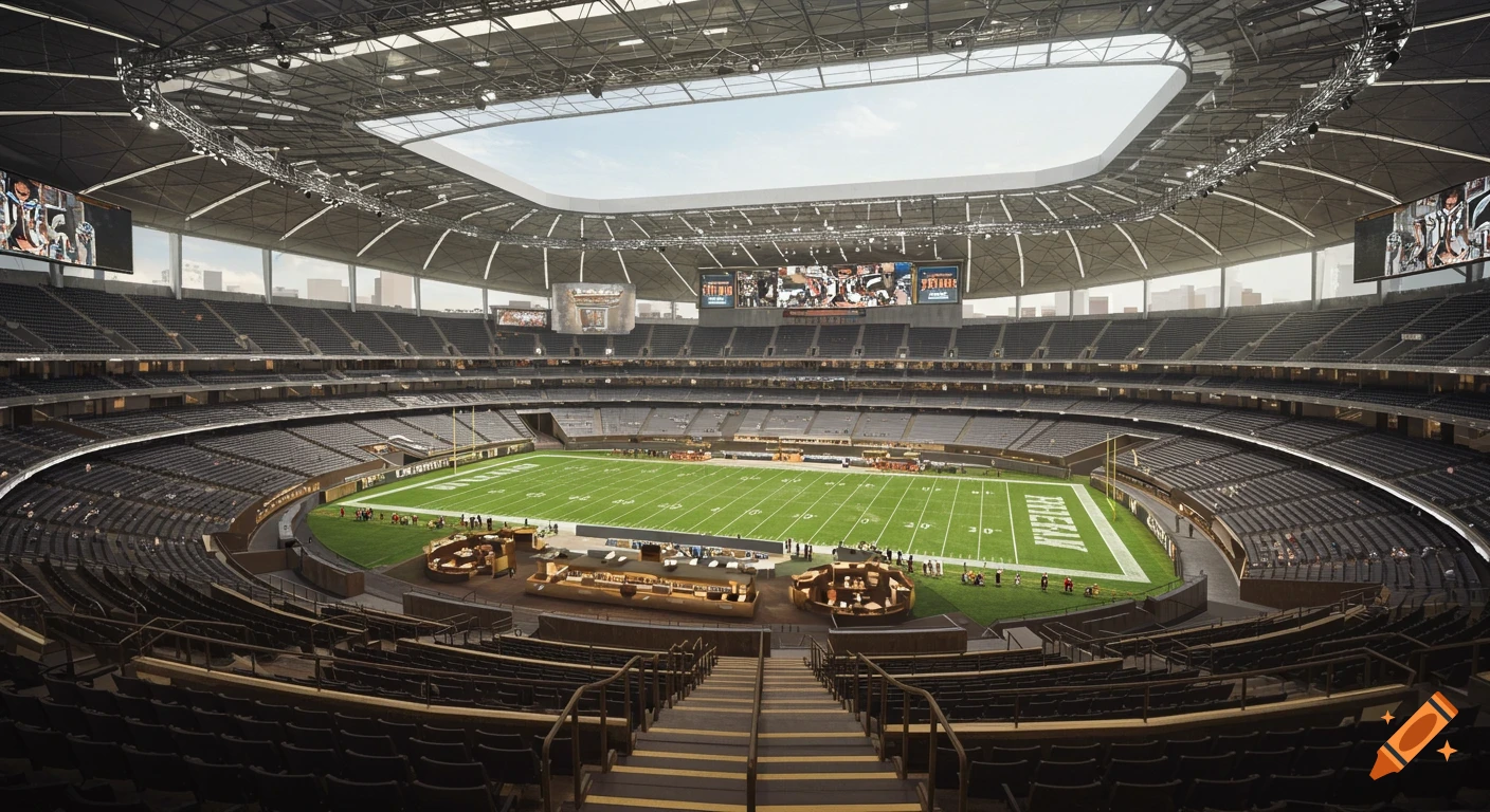 High-angle view of an empty, modern NFL stadium with a retractable roof, green field, and multiple levels of black luxury seating.