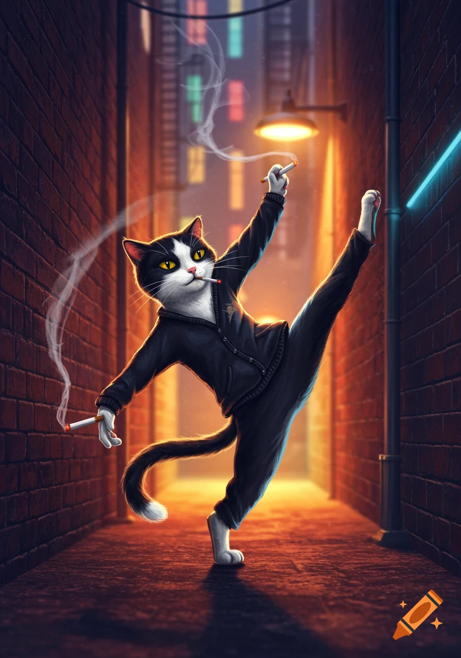 A stylized illustration of a black and white cat smoking a cigarette and breakdancing in a dark urban alleyway.