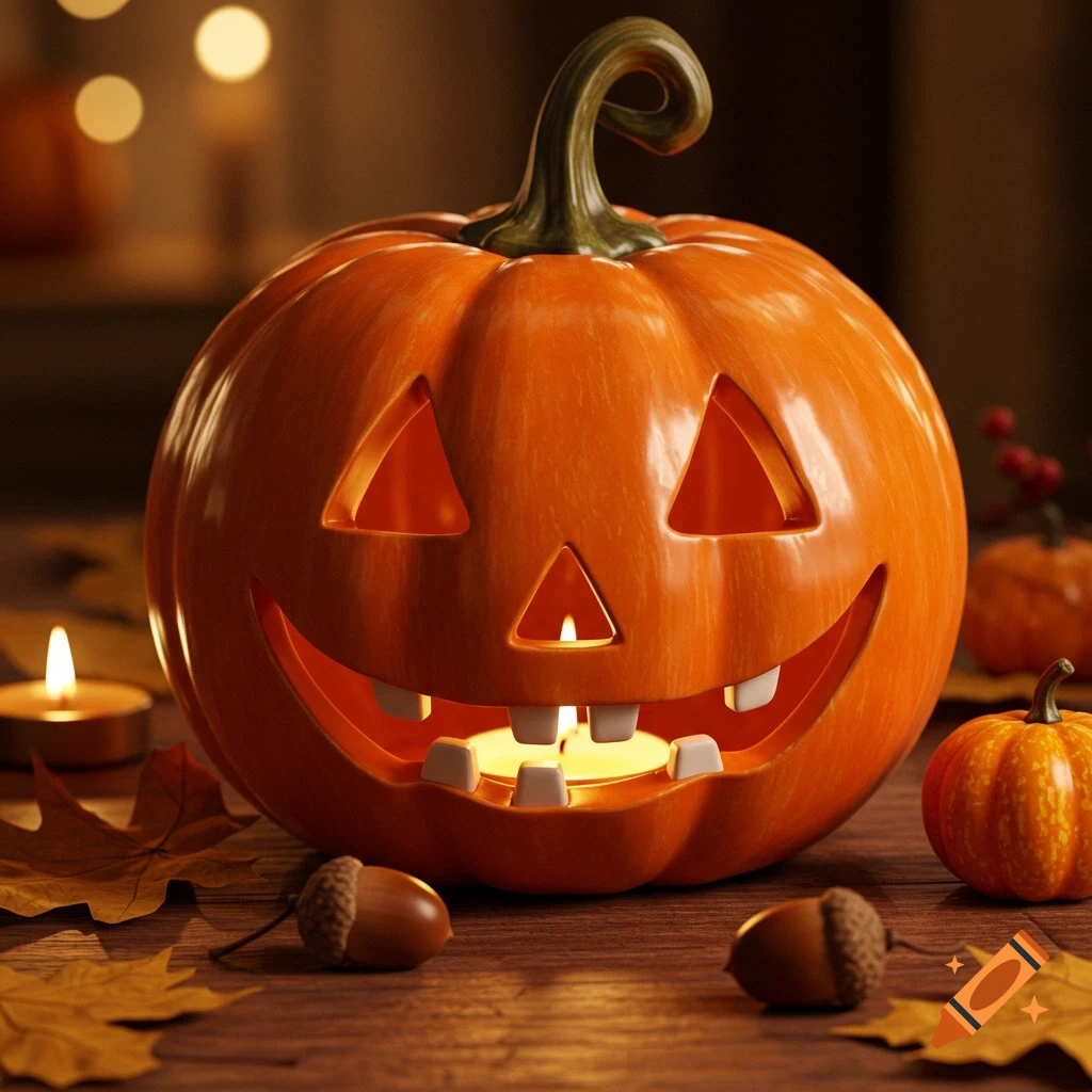 A photorealistic orange ceramic jack-o'-lantern with a carved smiling face, illuminated by candles, surrounded by autumn leaves and acorns on a wooden table.