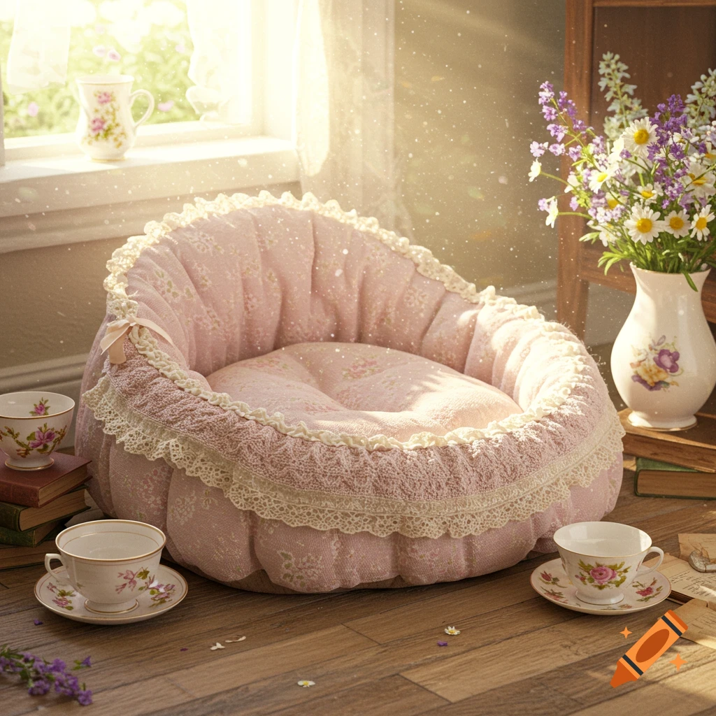 A soft, pink, lace-trimmed pet bed sits on a wooden floor in a sunlit room, surrounded by flowers, teacups, and books.
