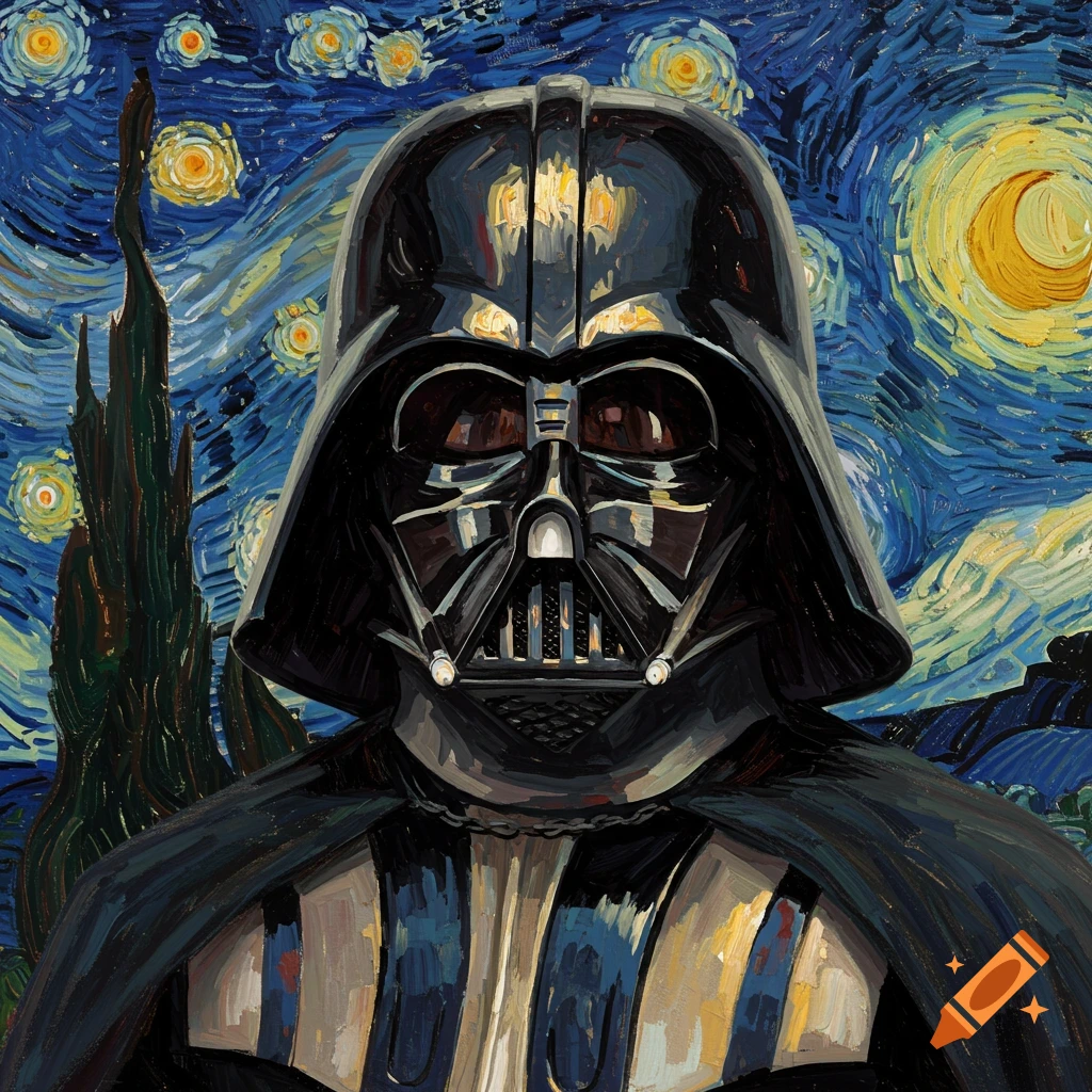 Darth Vader portrait in the style of Vincent Van Gogh's 'The Starry Night' painting, with swirling blue sky and yellow stars.