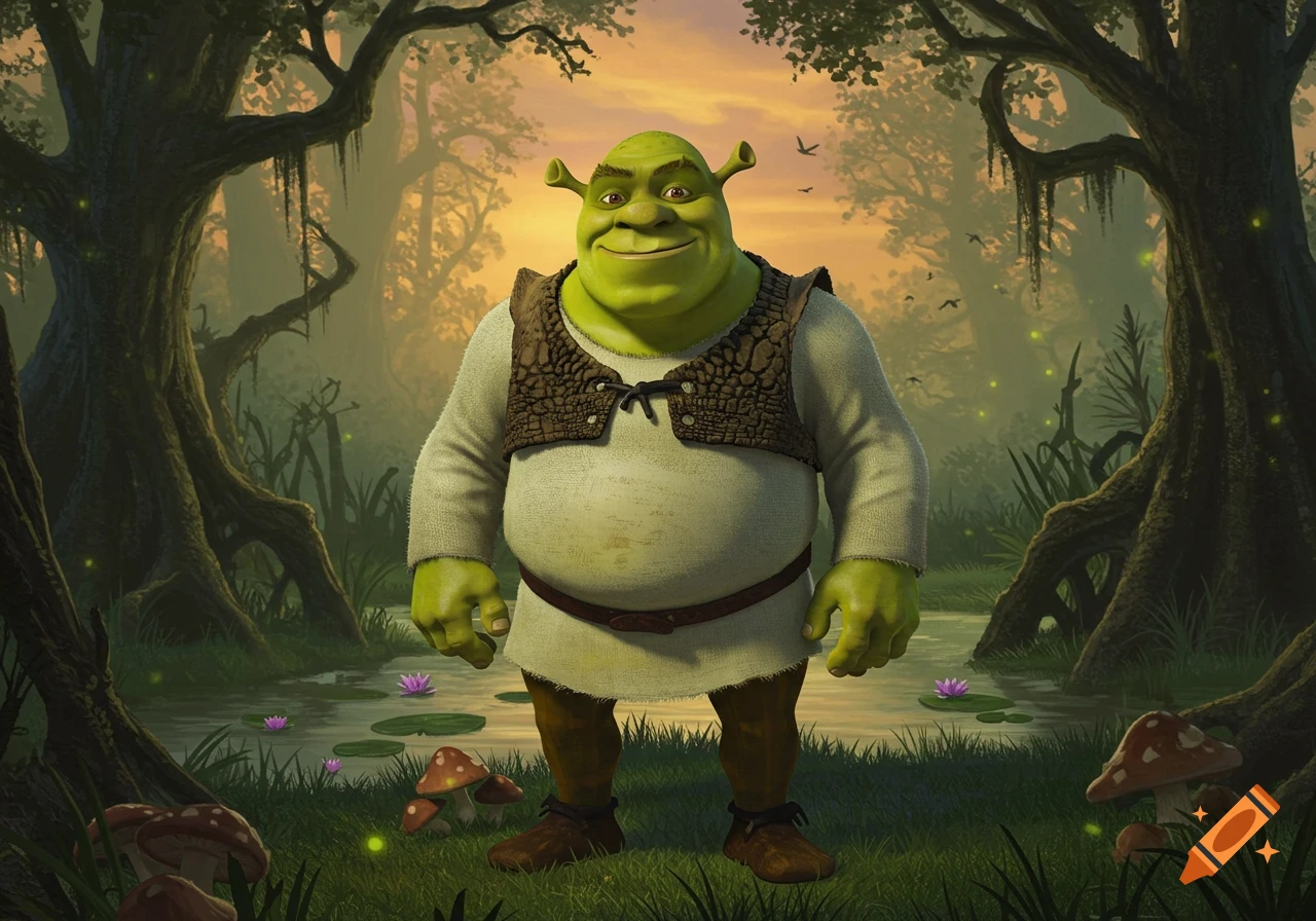 Shrek the ogre smiling and standing in a detailed swamp at sunset, with trees, water lilies, and fireflies.