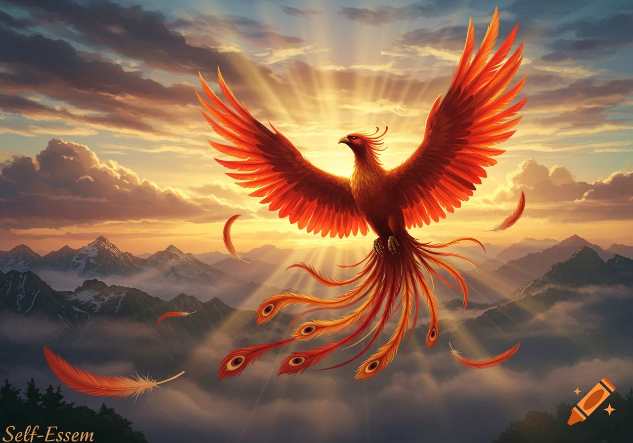 A majestic red and orange phoenix flies with spread wings over misty mountains at sunrise, bright golden light behind it.