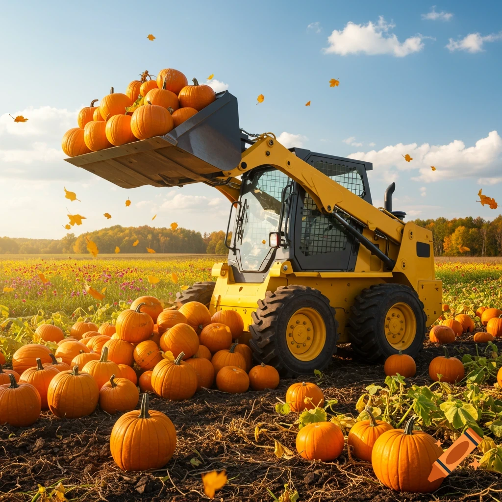 A yellow skid steer loader scoops a pile of bright orange pumpkins in a sunny autumn field, with fallen leaves.