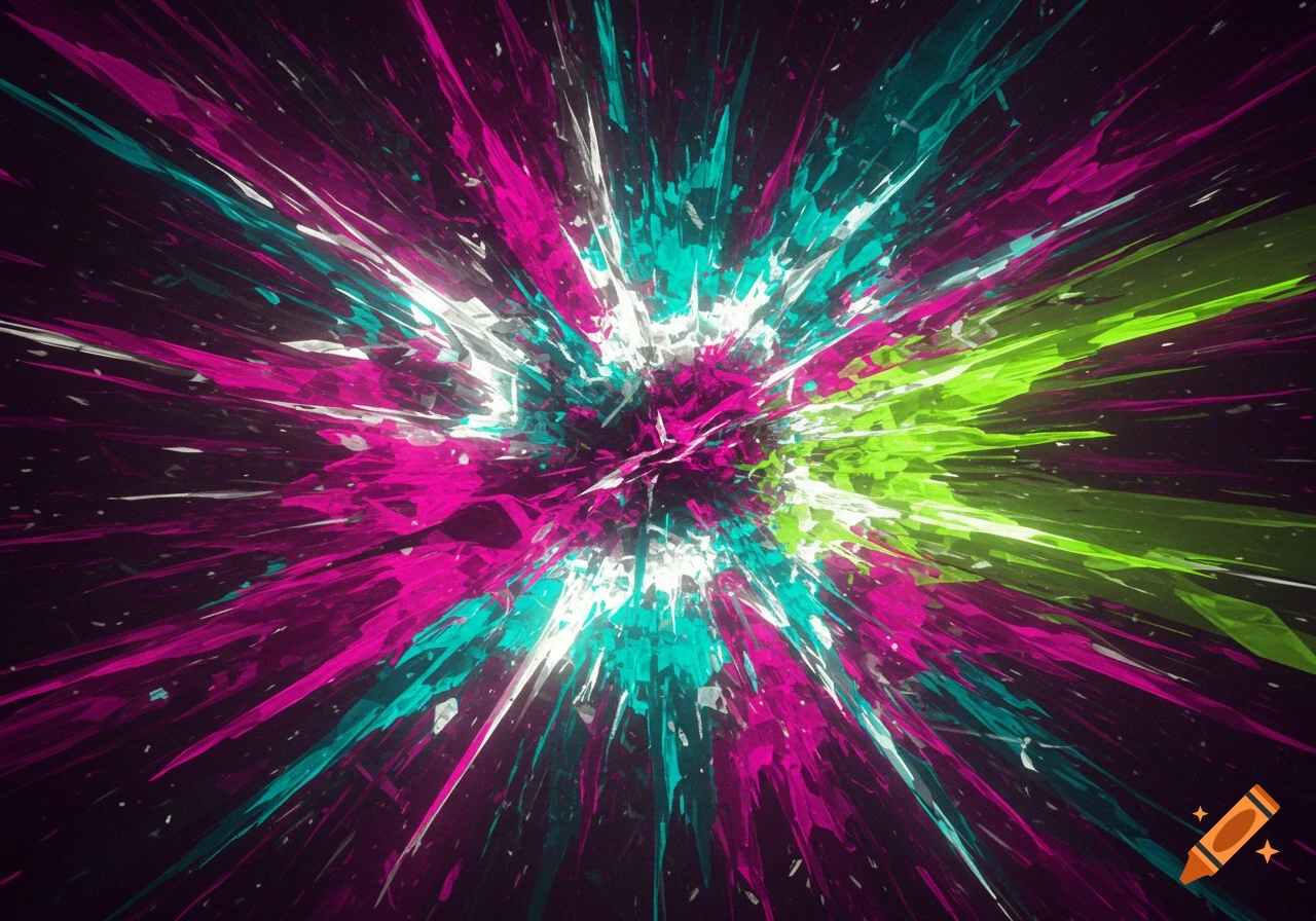 Abstract burst of fuchsia, teal, white, and lime green shards radiating from a center on a dark background.
