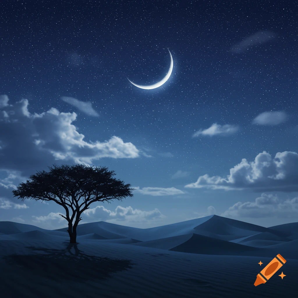 A lone tree silhouetted against a starry desert night sky with a bright crescent moon and soft clouds.