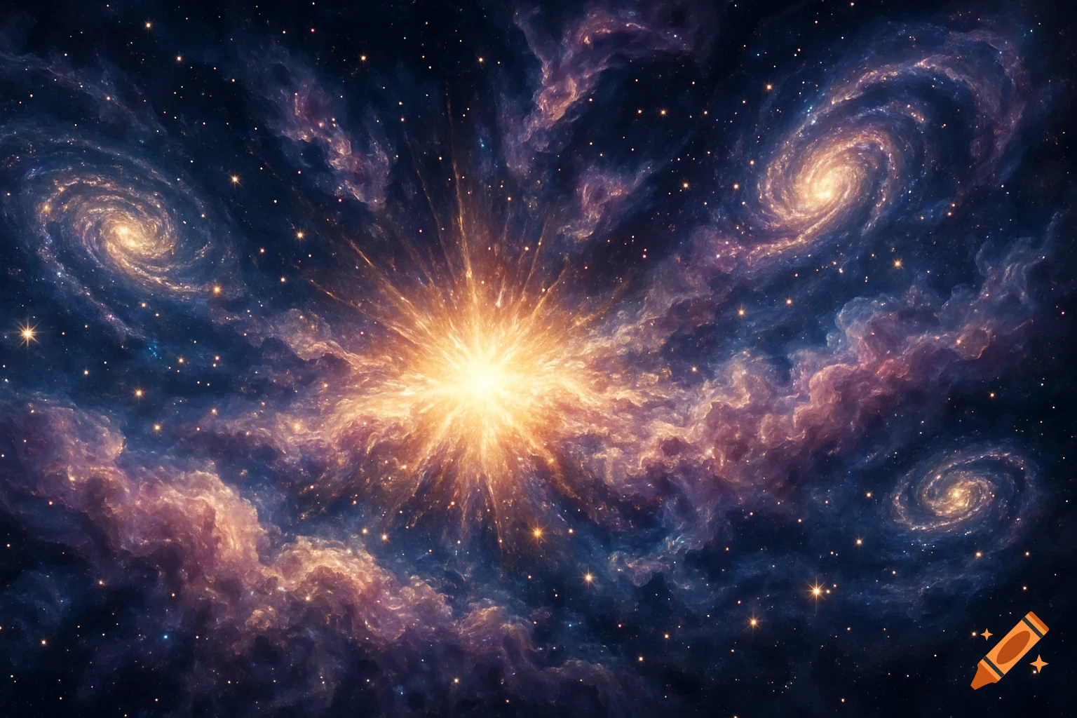 A brilliant central starburst illuminates colorful swirling nebulae and distant galaxies in a vast, dark cosmic sky.