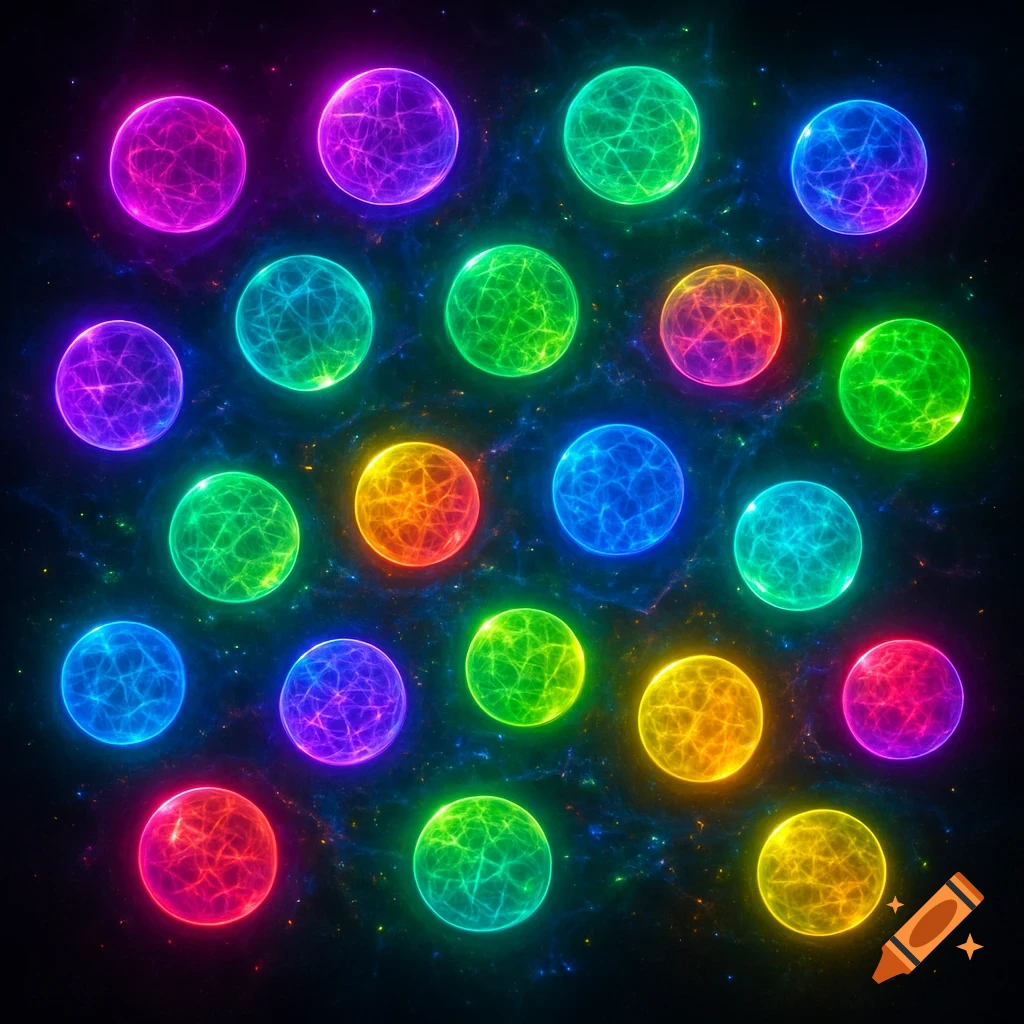 A grid of twenty colorful, glowing, abstract orbs with internal fractal patterns on a dark, cosmic background.