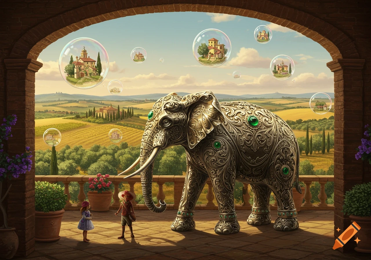 Two children stand on a balcony with a large ornate silver elephant, overlooking a Tuscan landscape with floating bubbles containing houses.