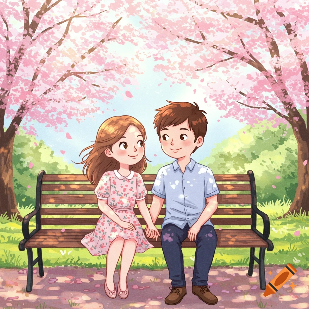 Cute cartoon illustration of a couple holding hands on a park bench under blooming pink cherry blossom trees.