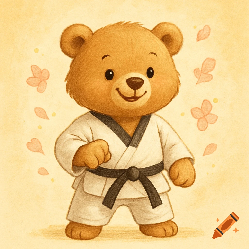 A cute brown cartoon bear in a white taekwondo gi with a black belt, standing proudly on a soft yellow background with falling leaves.