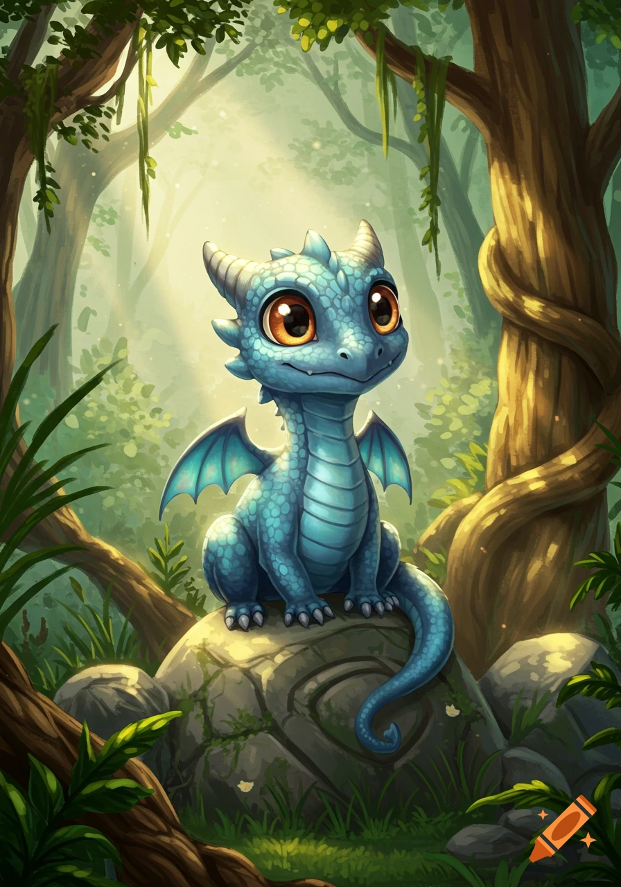 A cute blue baby dragon with big brown eyes sits on a mossy rock in a sun-dappled fantasy forest.