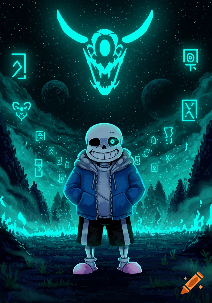 Sans from Undertale stands smiling in a dark, glowing turquoise forest under a starry sky with a huge horned skull and floating symbols.