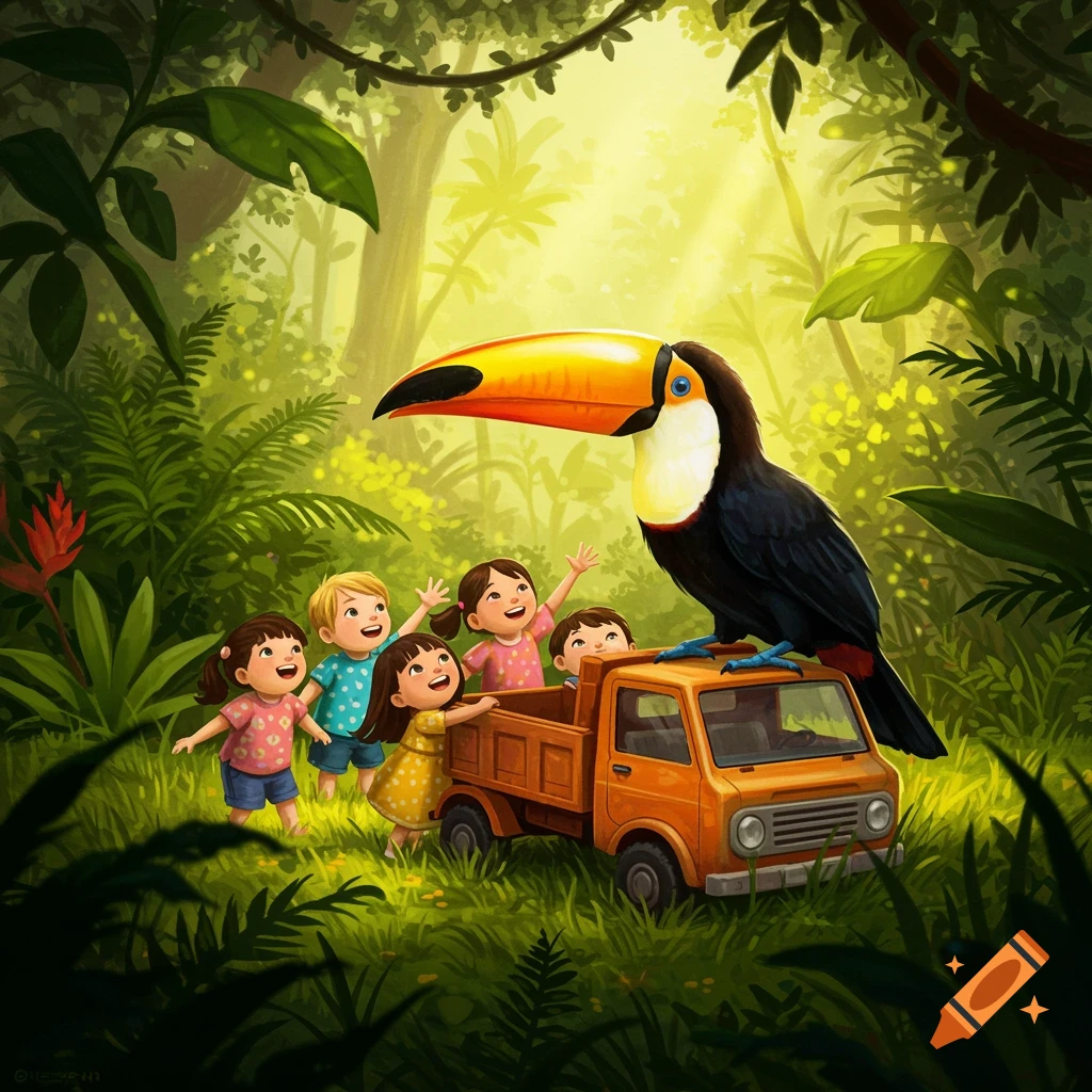 Whimsical illustration of happy children around a toy truck with a giant toucan perched on it, in a vibrant, sunlit jungle.