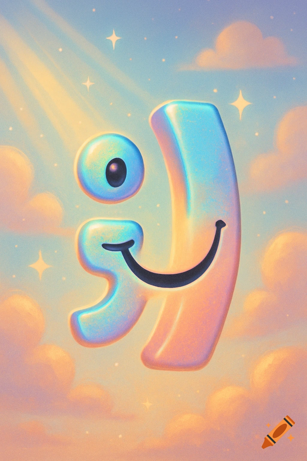 A shiny, colorful `:]` emoji floating in a pastel sky with clouds and sparkling stars.
