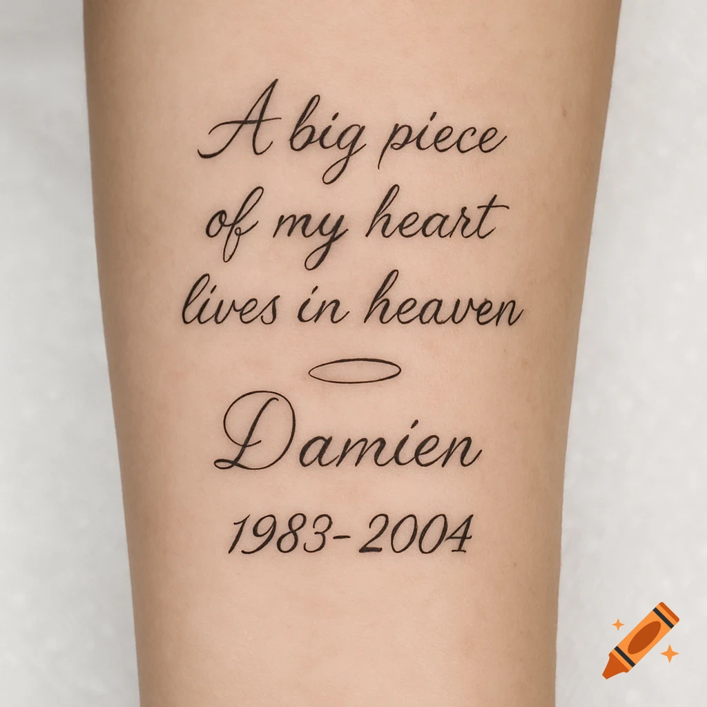 A black script tattoo on an inner forearm reads 'A big piece of my heart lives in heaven' with a halo above 'Damien 1983-2004'.