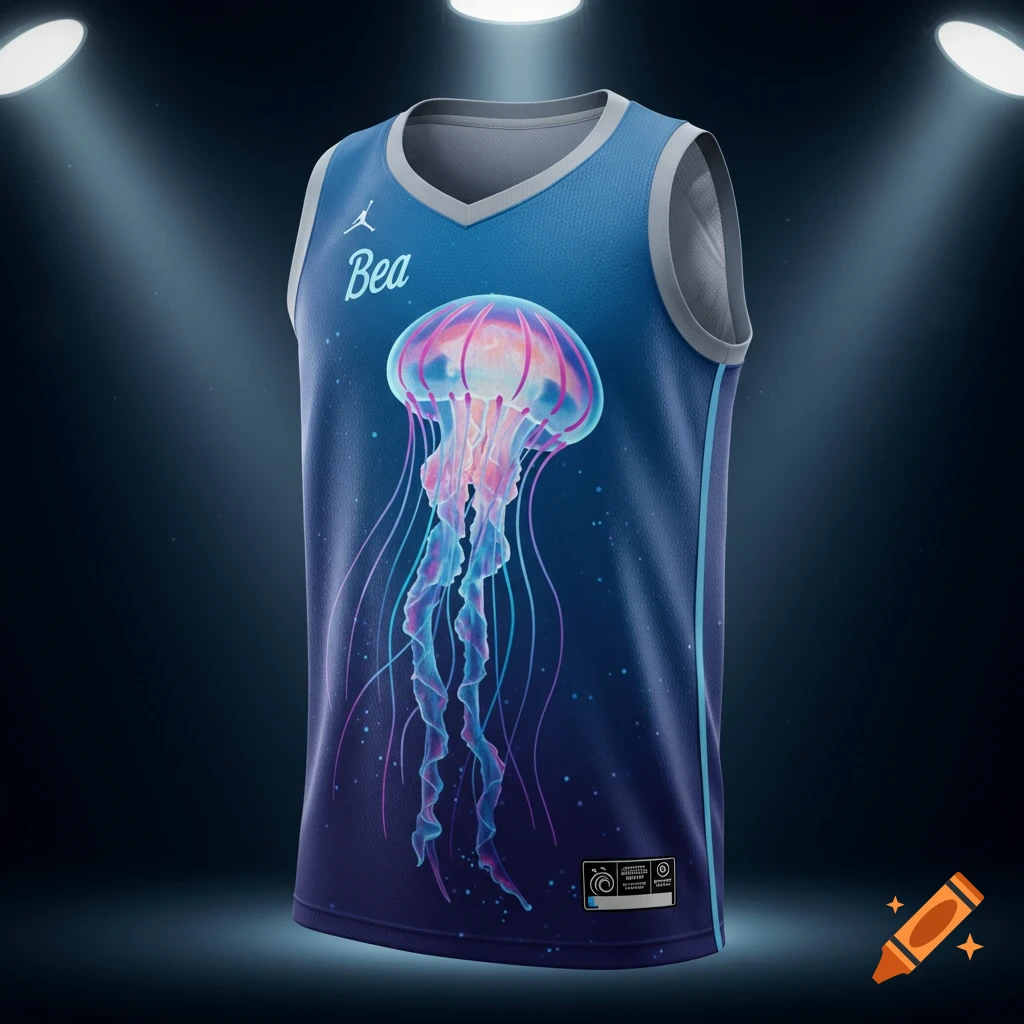 A vibrant blue and purple sports jersey featuring a glowing jellyfish illustration and the word 'Bea' on the chest, lit by spotlights.