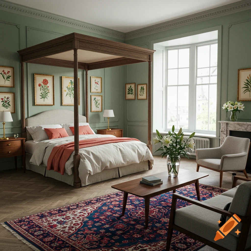 Elegant boutique hotel room with a wooden four-poster bed, sage green walls, botanical art, and a blue patterned rug.
