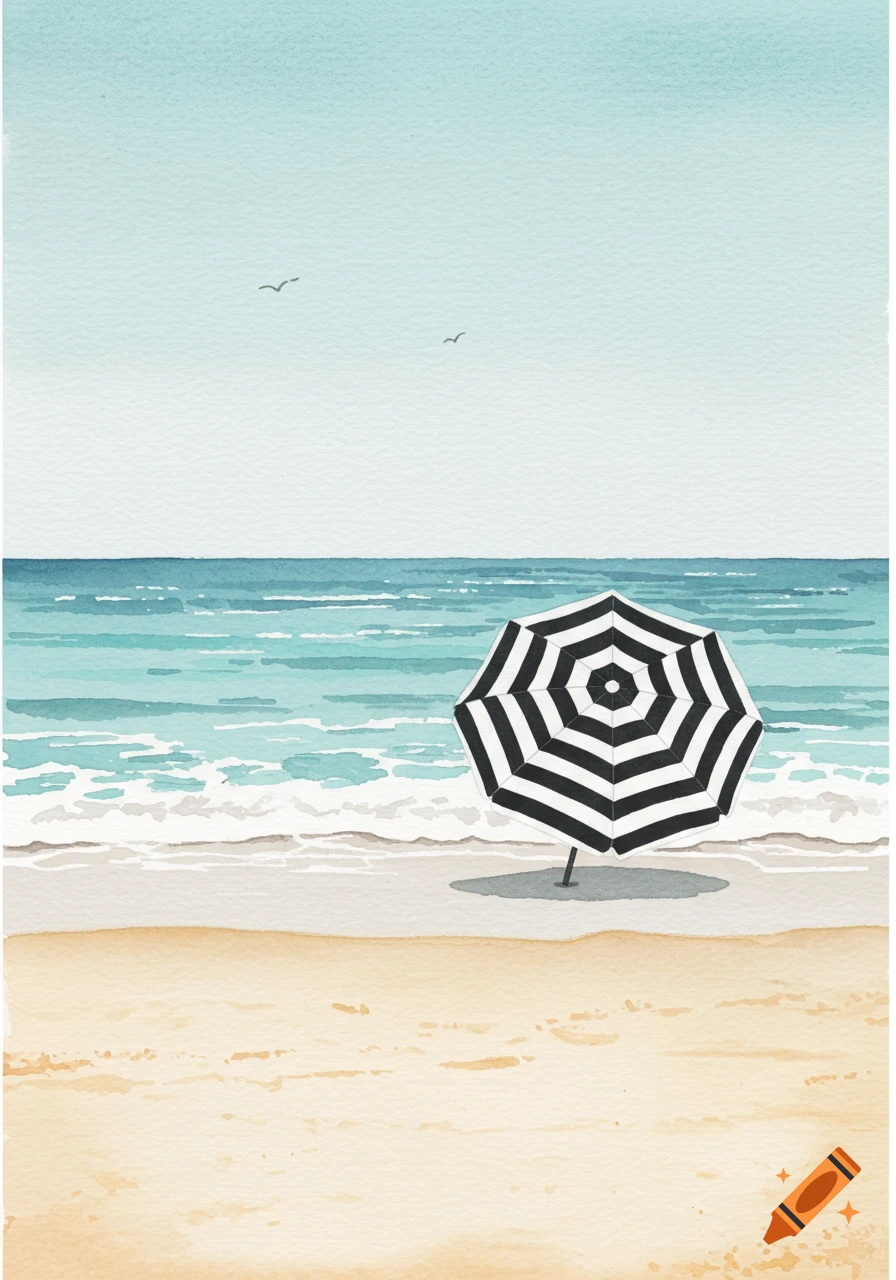 A minimal watercolor painting of a serene beach with a black and white striped umbrella by the ocean under a clear sky.