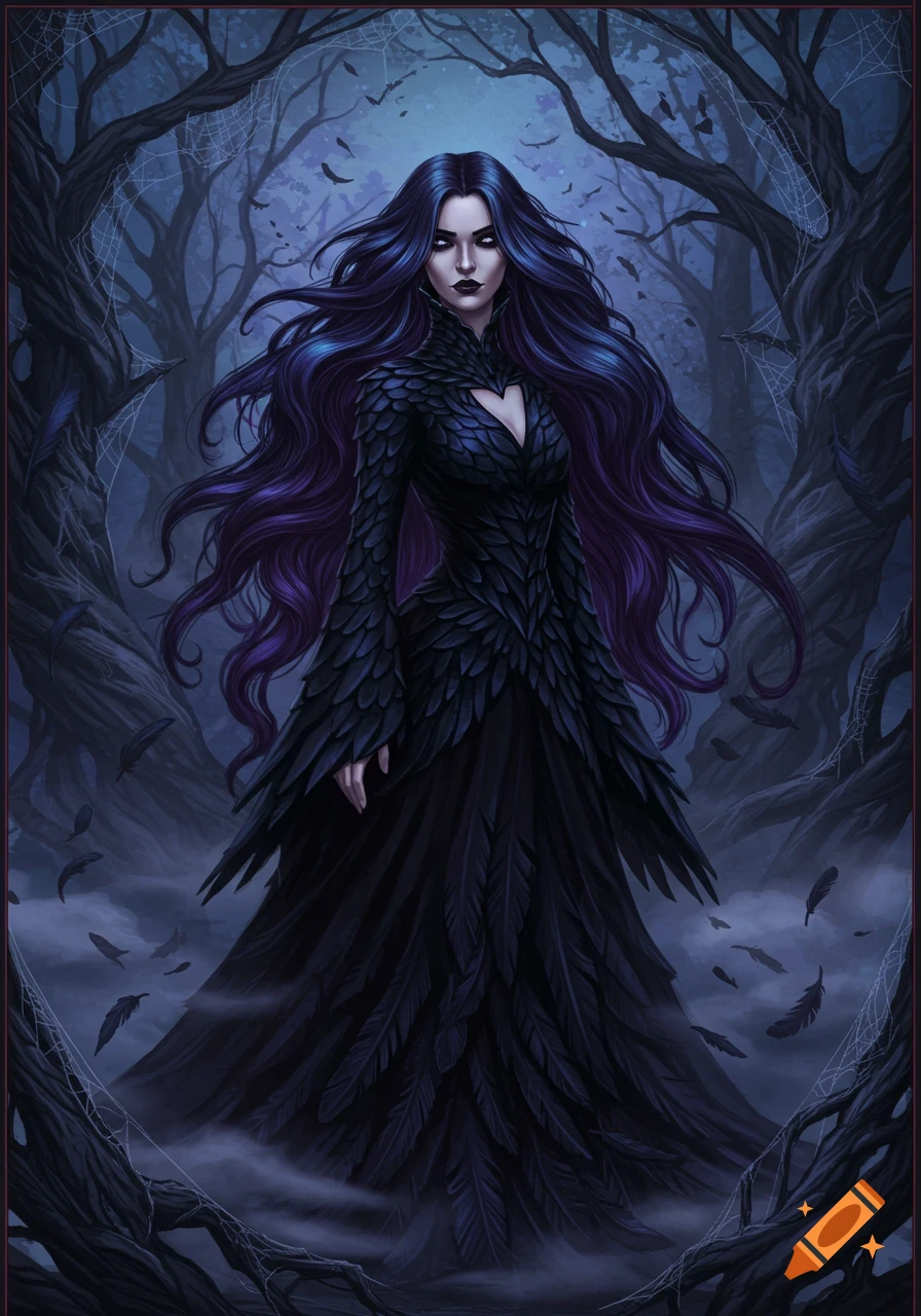 A gothic raven queen with long dark purple hair in a black feathered gown stands in a misty, twisted dark forest.