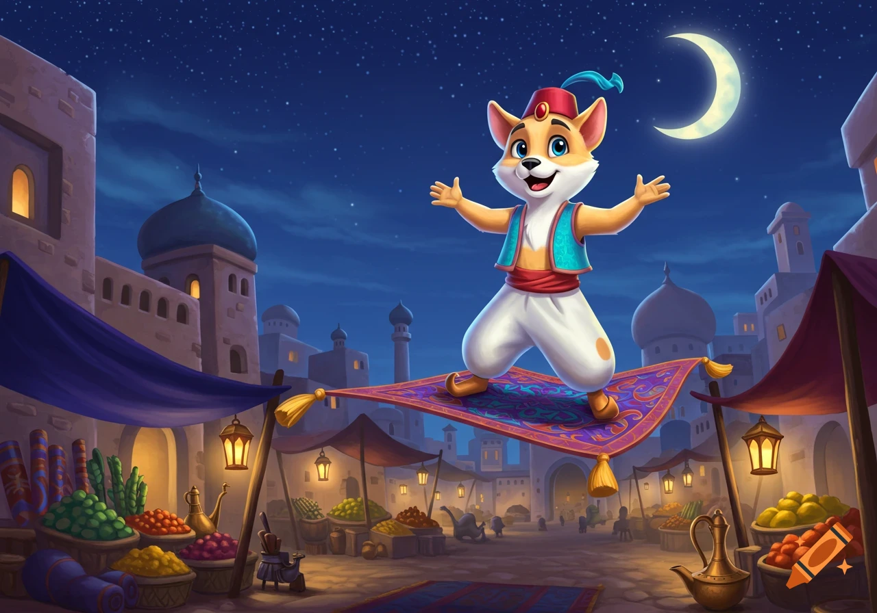 A happy cartoon fox in an Aladdin costume flies on a magic carpet over a bustling Arabian night market under a crescent moon.