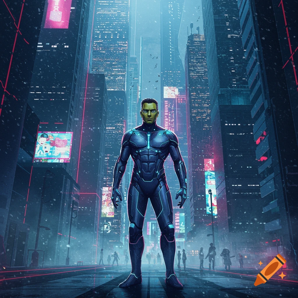 A male figure in a glowing futuristic suit stands in the middle of a neon-lit cyberpunk city street under falling snow.